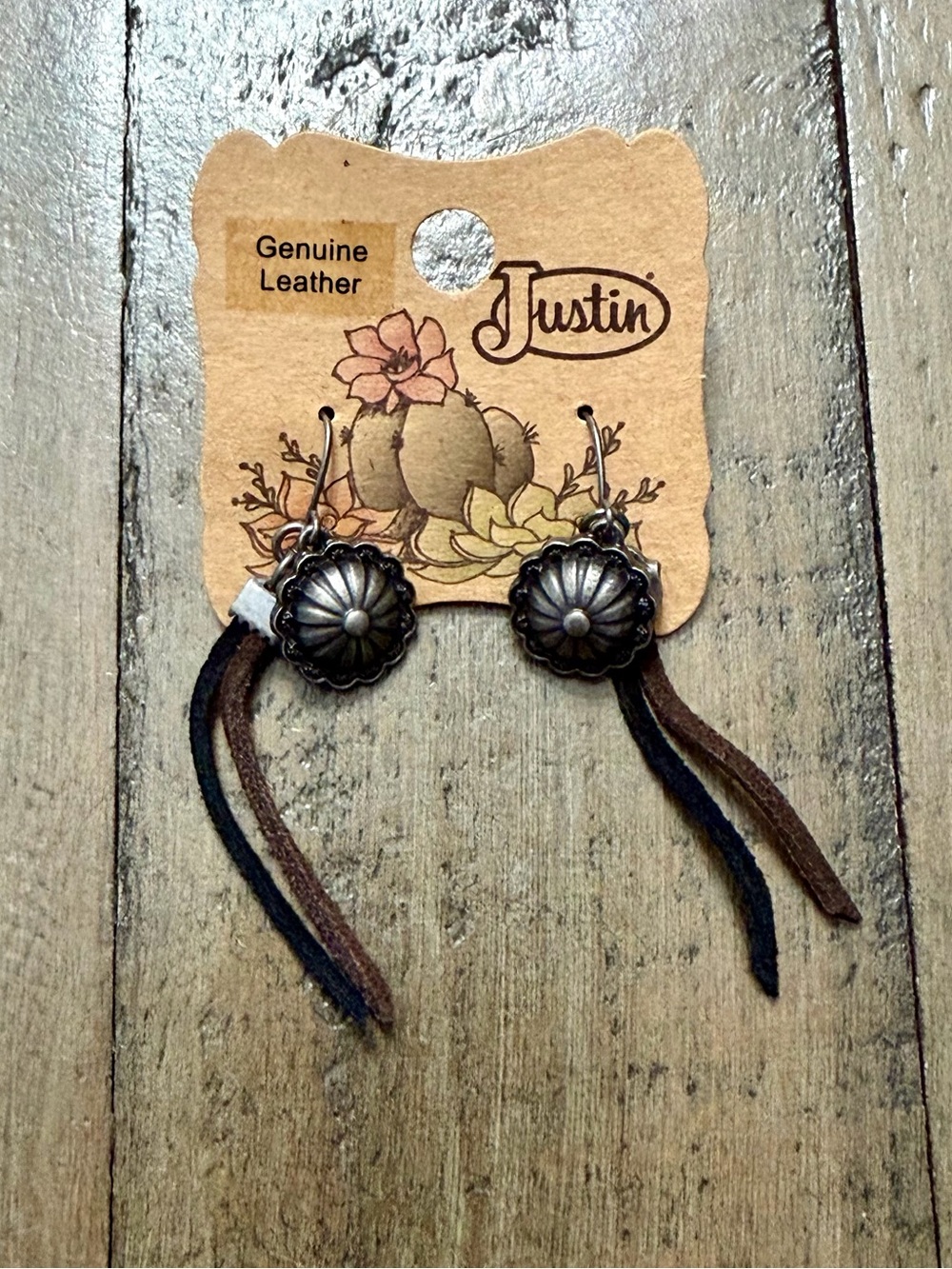 NWT Justin Boots Antique Nickel Silver Concho Suede Fringe Earrings
